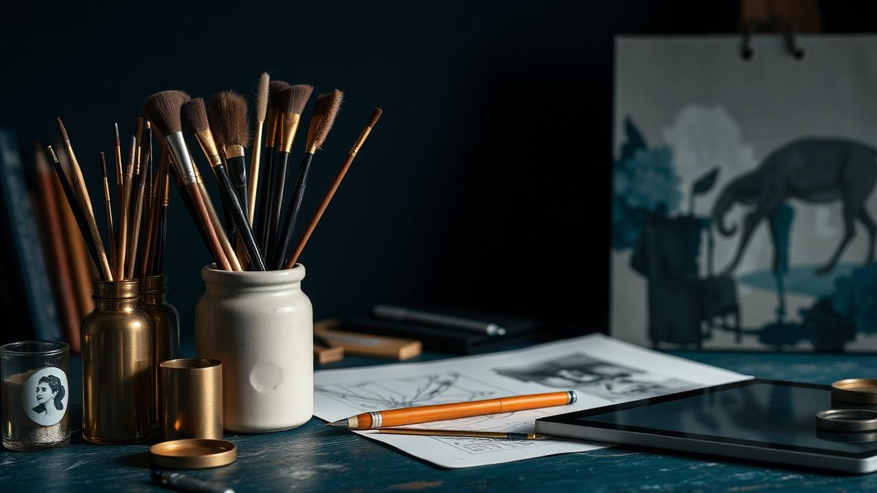 Artist's studio still life with brushes, sketches and a graphics tablet