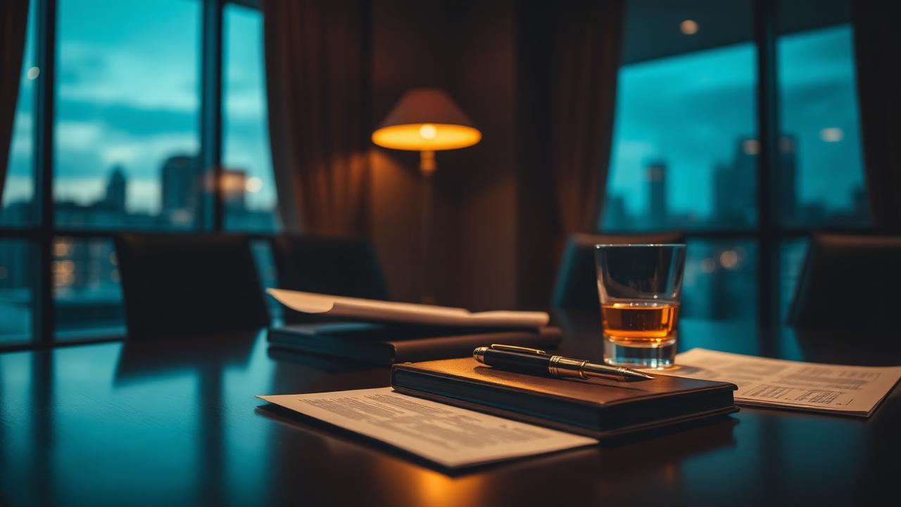 Executive desk at dusk with leather notebook, fountain pen and city skyline