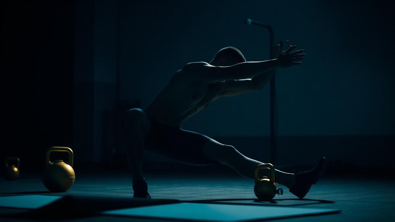 Athletic silhouette stretching in a dark high-end gym with brass kettlebells