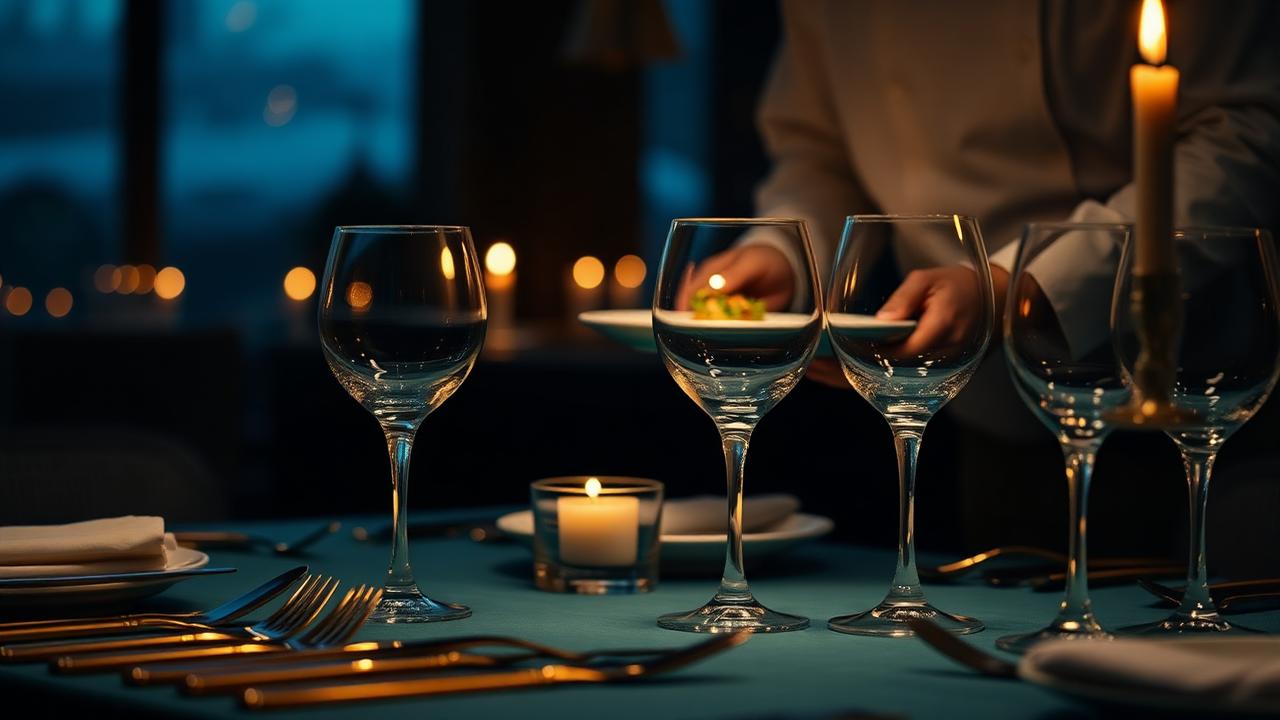 Fine-dining table setting at twilight with crystal glassware and brass cutlery
