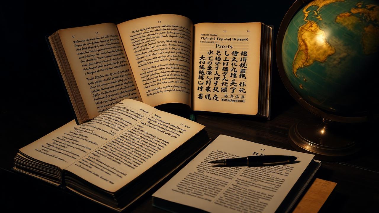 Open dictionaries, multilingual calligraphy and a vintage globe lit by warm light