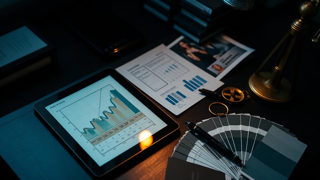 Marketing strategist's desk with tablet charts, brand swatches and a brass compass