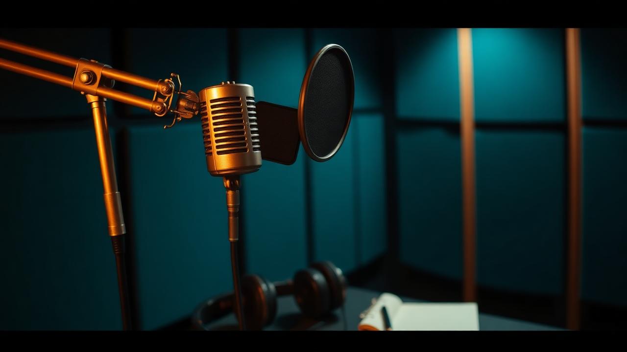 Vintage broadcast microphone on a brass arm in a teal-lit podcast studio