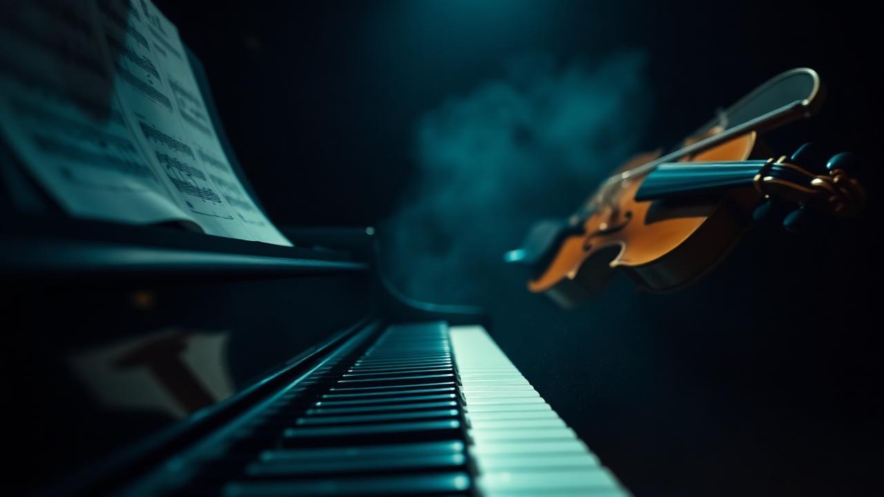 Grand piano keyboard with sheet music and a violin in soft focus under stage light