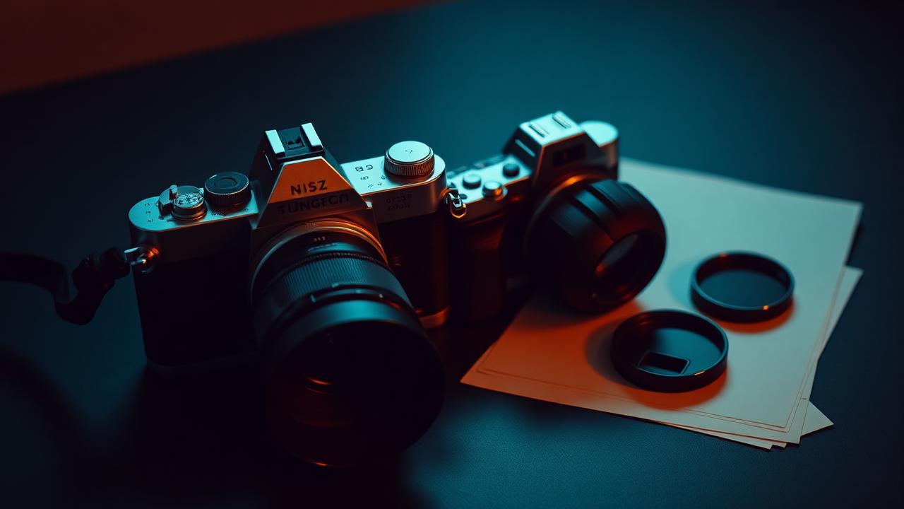 Two cameras with lens kit and contact sheets on a dark studio surface