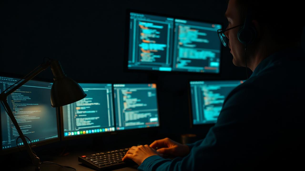 Developer at a dark workstation with code on multiple glowing monitors