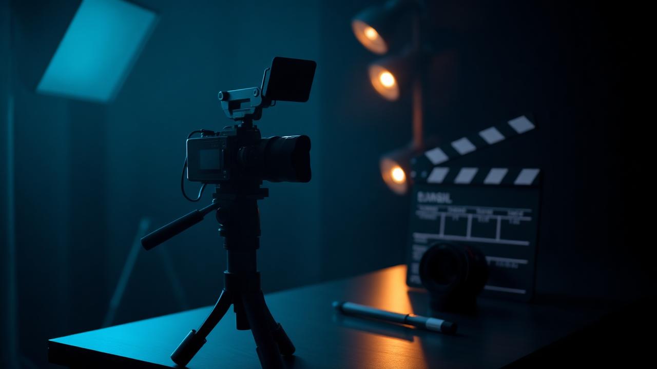 Cinema video camera on a tripod beside a clapperboard and softbox on a dark set